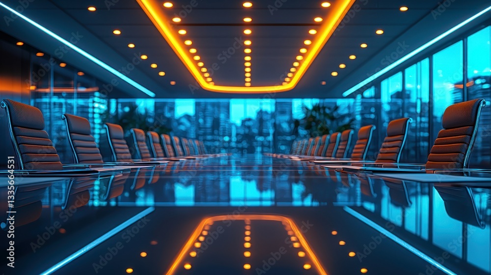 Fototapeta premium Modern conference room with neon lights and city view reflecting on the table