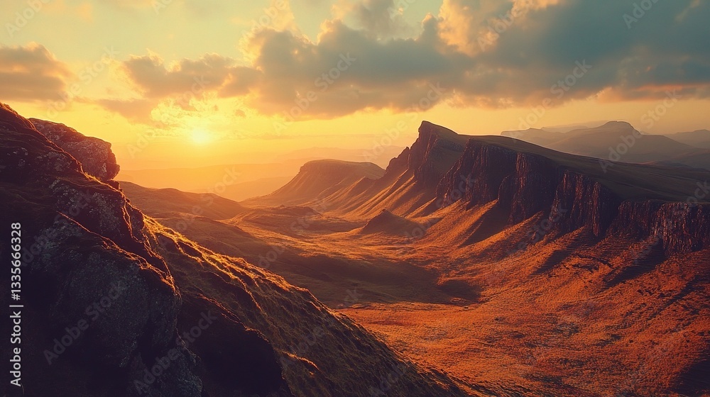 Naklejka premium Stunning Sunset Over Quiraing Mountains in Scotland's Nature Bliss