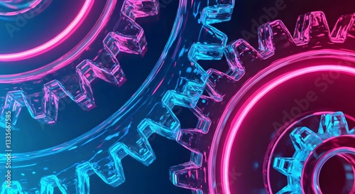 technology and updates, gear floating against a gradient background. Two transparent 3d gears with a glass morphism effect, 