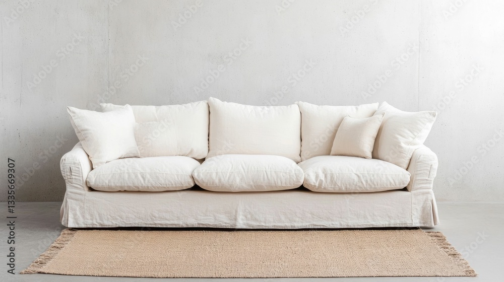 Fototapeta premium Cozy and comfortable plush sofa with decorative throw pillows and a minimalist tan rug arranged in a modern minimalist setting against a concrete wall