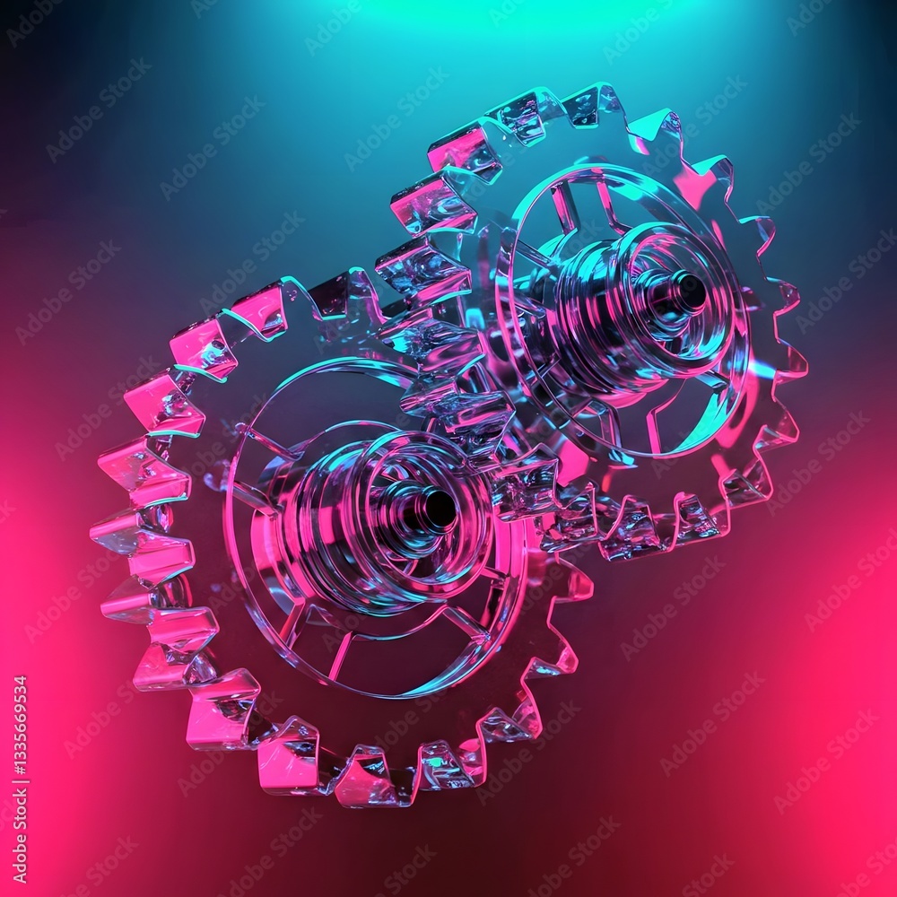 Fototapeta premium Two transparent 3d gears with a glass morphism effect, symbolizing technology and updates, gear floating against a gradient background.