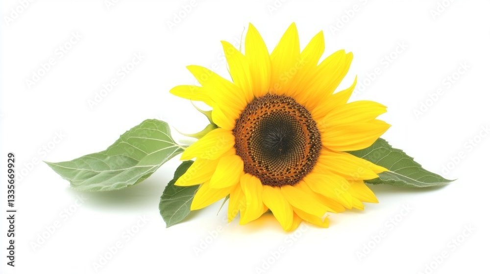 Obraz premium Sunflower blooming brightly with green leaves on a white background