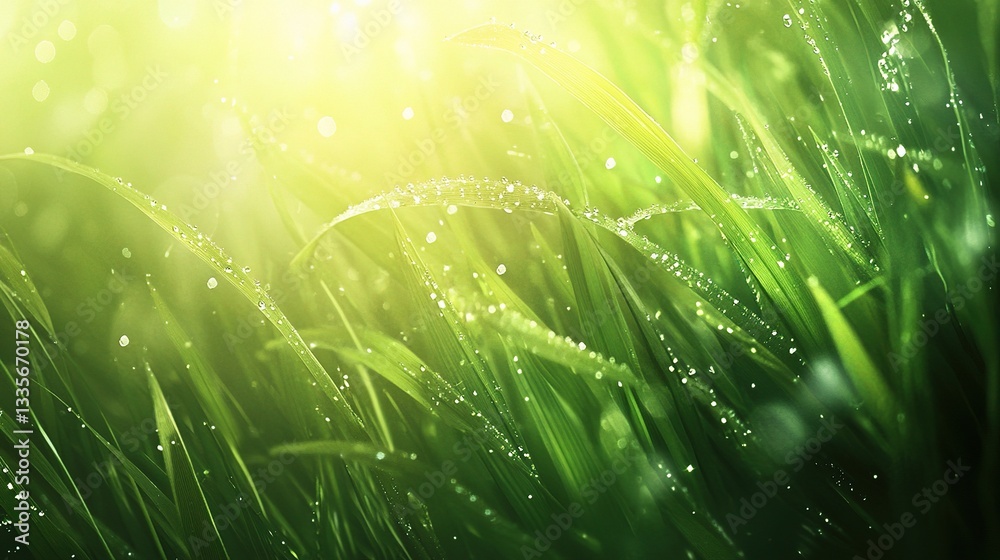 Fototapeta premium Close-Up of Vibrant Green Grass Blades Glistening in Sunshine
