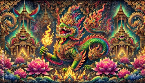 Vibrant Mythical Dragon with Lotus Flowers