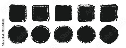 Grunge shapes for frame. set of circle, square and rectangle with textured edges drawn with brush. Vector illustrations .