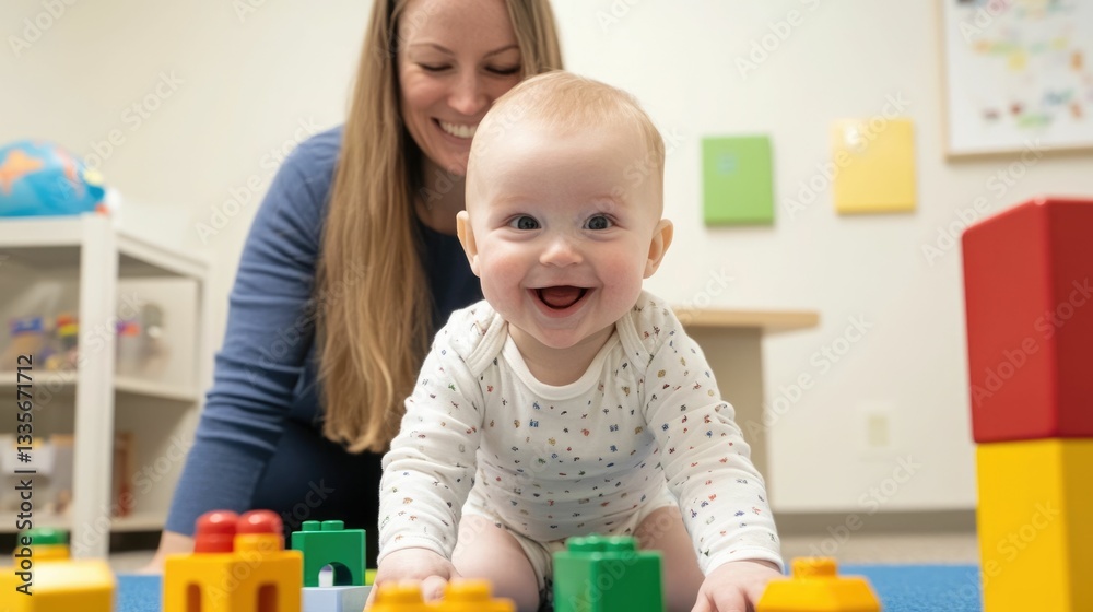 A smiling mother observes her young child joyfully playing with and exploring a set of vibrant building blocks in a clean cozy A smiling mother observes her young child joyfully playing with and exploring a set of vibrant building blocks in a clean cozy