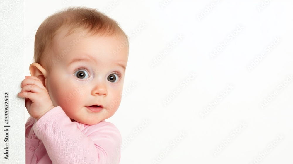 Curious baby peeking around a wall in a bright room during daytime Curious baby peeking around a wall in a bright room during daytime