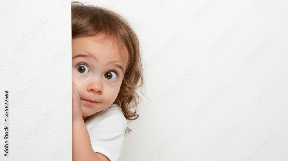 Child peeking around the corner with curiosity in a bright room Child peeking around the corner with curiosity in a bright room