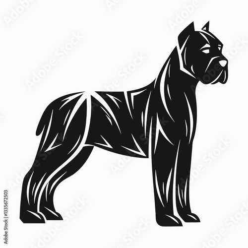 Black dog silhouette standing on white background, artistic and strong design