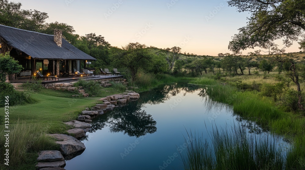 Serene retreat by the tranquil water under a clear evening sky in a lush landscape Serene retreat by the tranquil water under a clear evening sky in a lush landscape