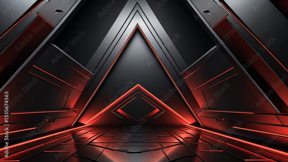Futuristic, metallic, triangular corridor with red lighting