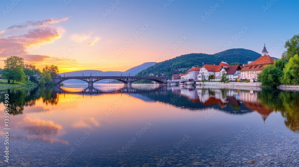 Fototapeta premium A tranquil riverside scene at sunset, featuring a picturesque bridge, charming houses, and reflecting mountains in the water.