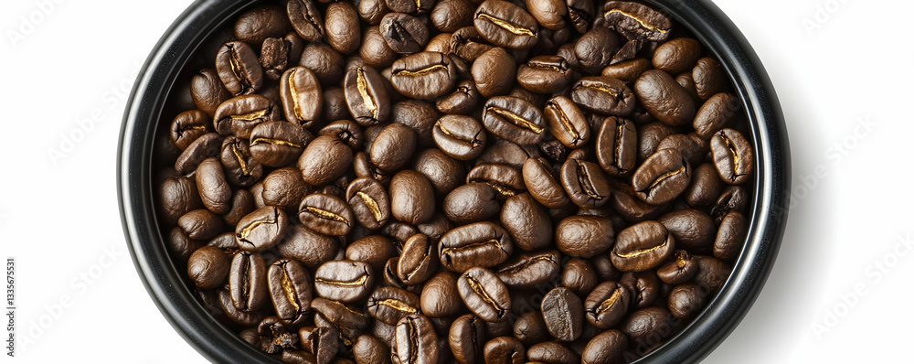 Fototapeta premium Roasted coffee beans in bowl, white backdrop