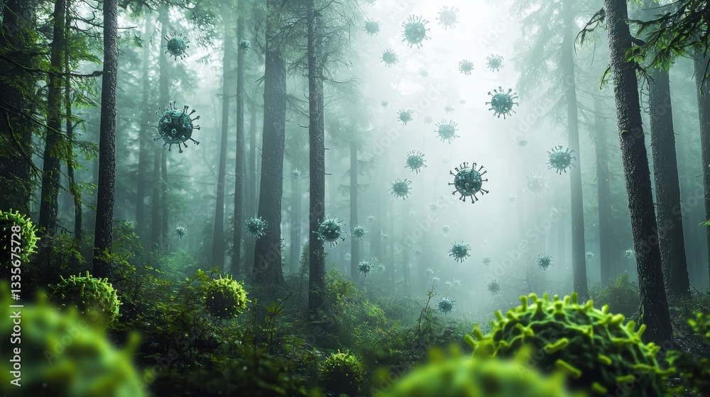 Fototapeta premium A surreal forest scene with floating virus-like spheres amid dense trees, creating an eerie and captivating atmosphere.