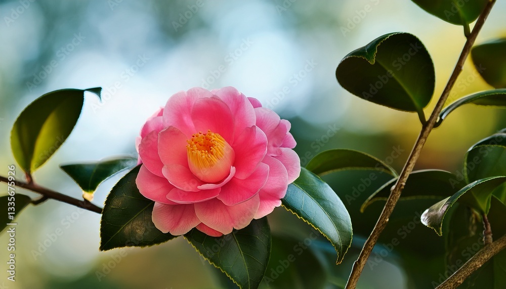 Obraz premium Camellia Japonica - Ashiya camelia single flower on a tree- 75075