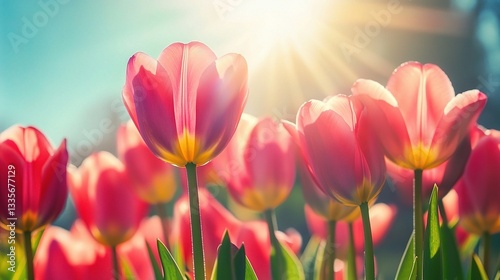 Vibrant Tulips Blooming Beneath a Bright Spring Sky