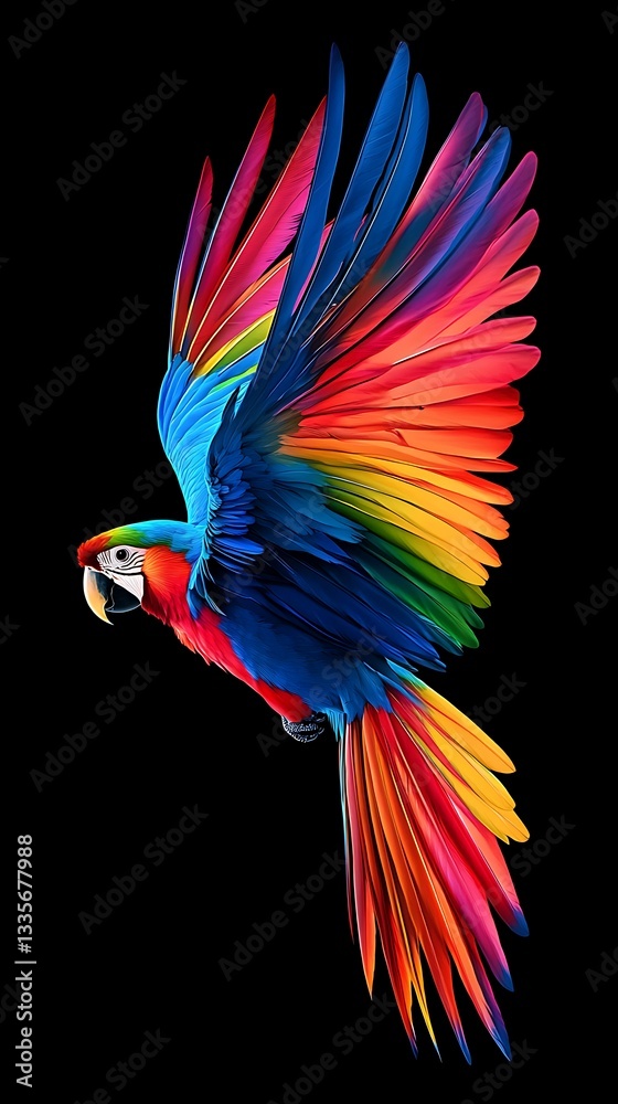 Fototapeta premium Vibrant Scarlet Macaw in Flight: A Symphony of Colors