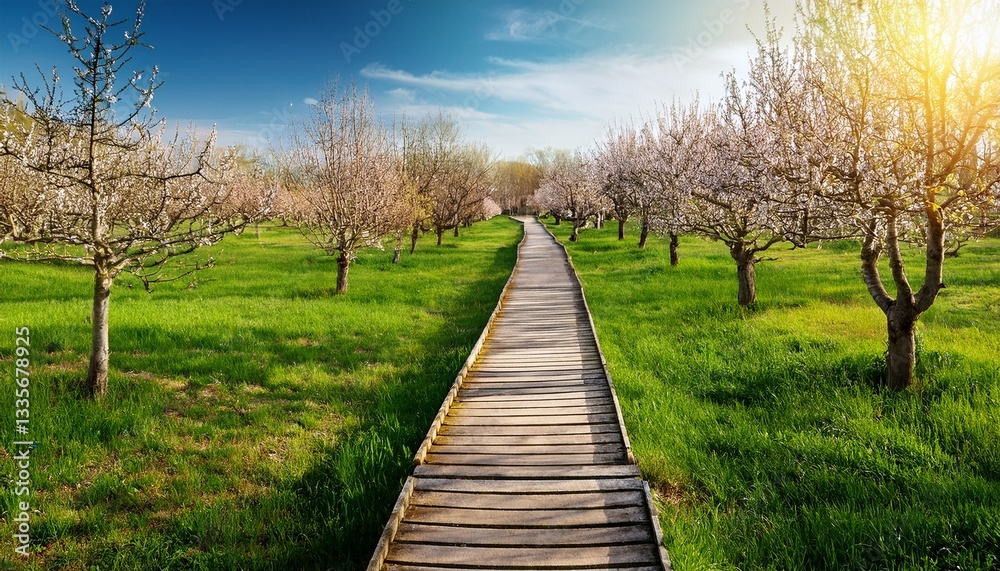 Apple tree garden with leafless trees in spring, wooden walkway on green grass- 75075 Apple tree garden with leafless trees in spring, wooden walkway on green grass- 75075