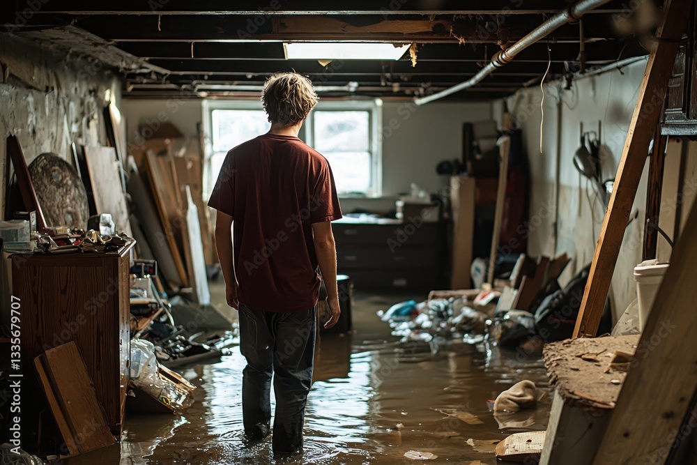 A person walks through a flooded basement filled with debris, reflecting the aftermath of water damage and the challenges of cleanup. A person walks through a flooded basement filled with debris, reflecting the aftermath of water damage and the challenges of cleanup.