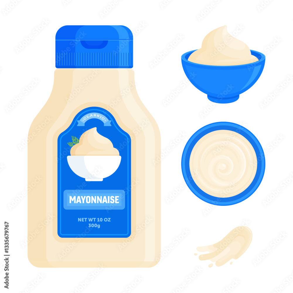 Mayonnaise bottle with label, sauce in bowl, swirl, and splash. Condiment, food seasoning, and fast food concept. Flat vector illustration isolated on white background
Mayonnaise bottle with label, sauce in bowl, swirl, and splash. Condiment, food seasoning, and fast food concept. Flat vector illustration isolated on white background