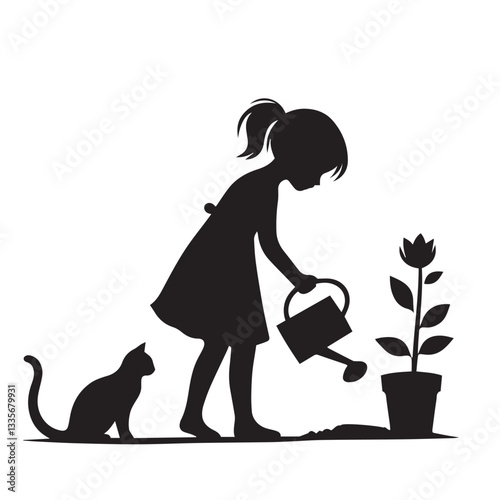 Child gardening silhouette vector.