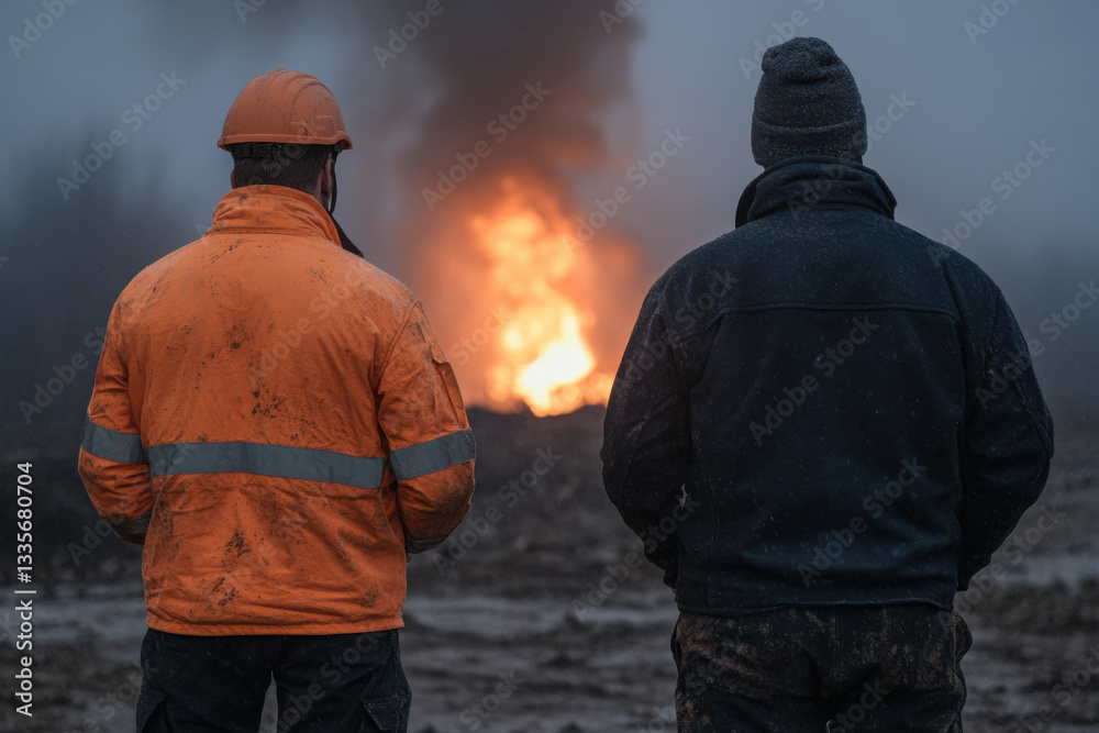 Two men in orange and black jackets stand in front of a fire Two men in orange and black jackets stand in front of a fire