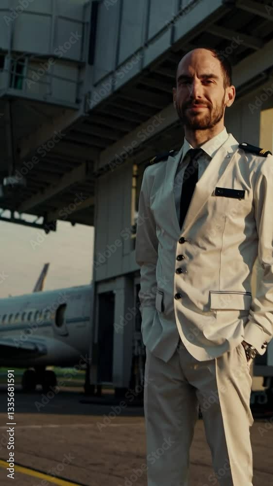Confident Male Pilot Standing in Front of Control Tower During Sunrise at Airport, Dressed in Formal Uniform with Tie and Epaulettes, Ready for Flight Operations Confident Male Pilot Standing in Front of Control Tower During Sunrise at Airport, Dressed in Formal Uniform with Tie and Epaulettes, Ready for Flight Operations