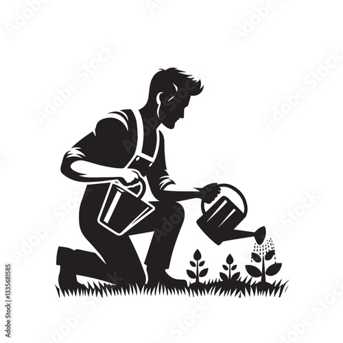 Man working in garden vector silhouette design.