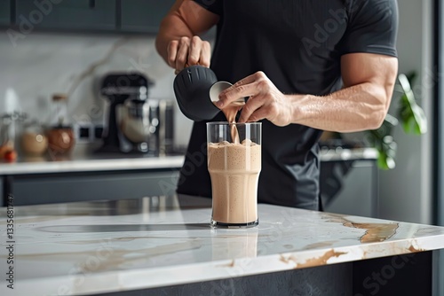 Young Man Making Protein Shake at White Marble Table in Kitchen, Closeup