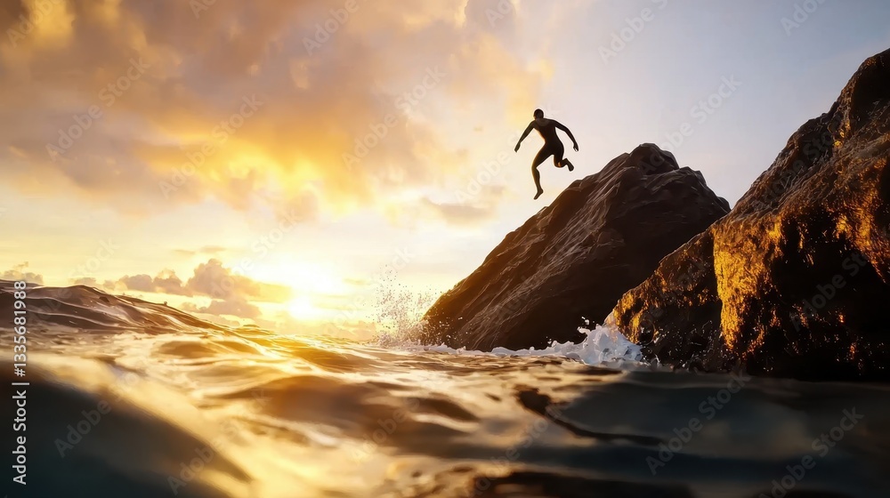 Fototapeta premium Silhouette of Man Jumping from Cliff into Ocean at Sunset