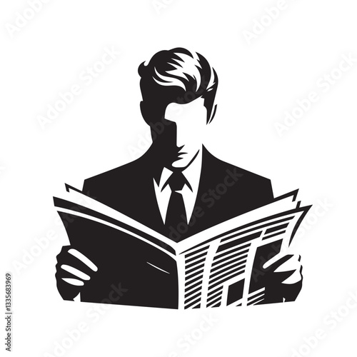 Businessman reading newspaper vector silhouette.