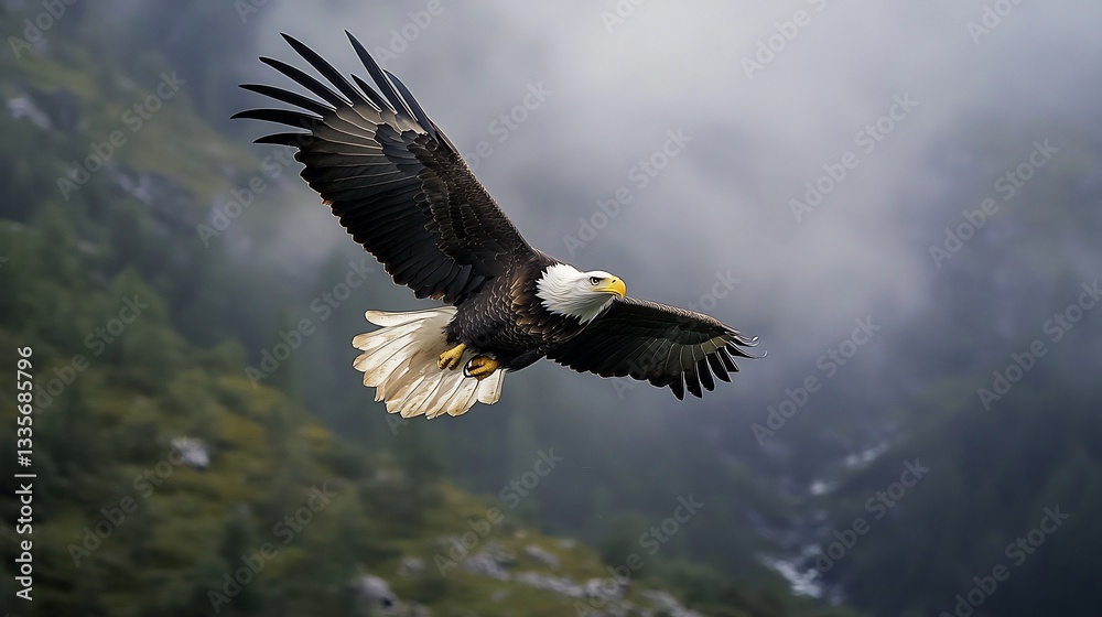 Obraz premium Bald eagle soaring over a misty valley wings fully extended breathtaking mid flight wildlife shot hyper detailed feathers