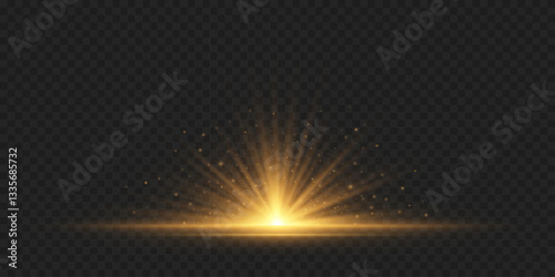 Golden light effect with radiant star and horizontal rays isolated on dark transparent background. Bright shining flash with magical dust. Vector illustration. EPS 10