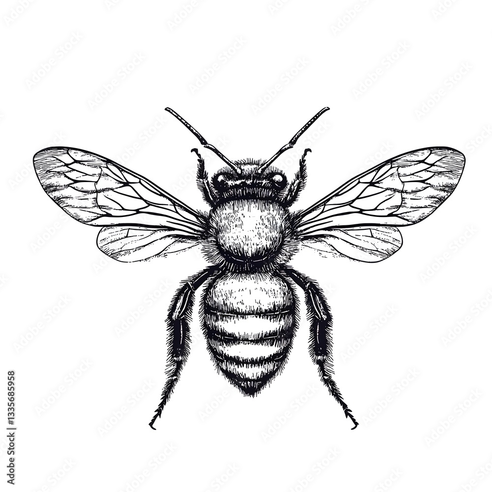 Obraz premium Detailed hand-drawn illustration of a honeybee viewed from above showcasing intricate wing and body details on a white background.