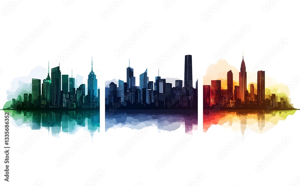 Obraz premium Three City Skylines Watercolor Style Artistic Renderings