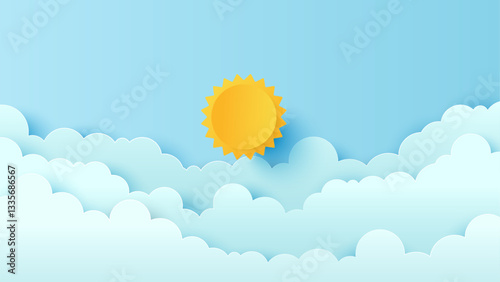 Cloudy sky background. Cloud with the blue sky and sun on blue background. Paper cut and craft style illustration