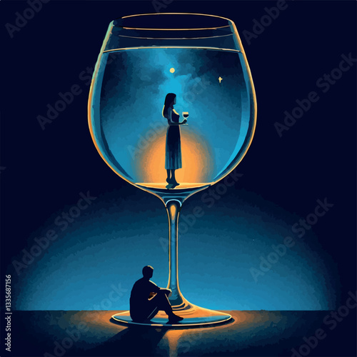A surreal digital painting depicting a melancholic woman sitting under a giant wine glass filled with a cosmic, starry liquid. The artwork uses neon hues, deep blues, and warm gradients to convey soli