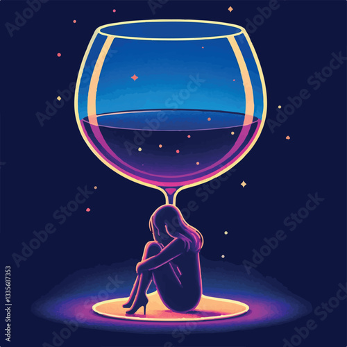A surreal digital painting depicting a melancholic woman sitting under a giant wine glass filled with a cosmic, starry liquid. The artwork uses neon hues, deep blues, and warm gradients to convey soli