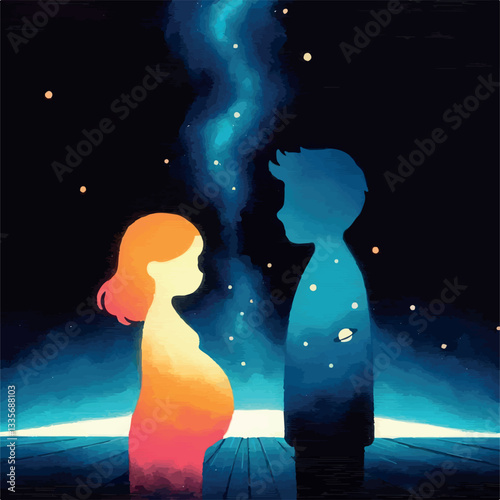 A silhouette of a girl stands on a planet, gazing at a cosmic landscape filled with colorful planets, stars, and space elements in a dreamy kawaii style. A vibrant and imaginative space-themed illustr