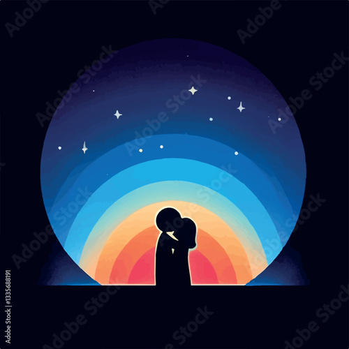 A silhouette of a girl stands on a planet, gazing at a cosmic landscape filled with colorful planets, stars, and space elements in a dreamy kawaii style. A vibrant and imaginative space-themed illustr