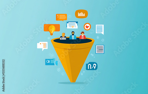 Here generated metadata Marketing funnel visualizes customer journey with engaging icons and data points, showing conversion and interaction in dynamic digital graphic