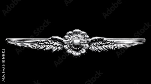 Silver aviator wings badge, dark background