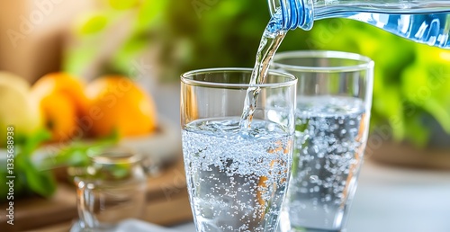 Sparkling water pouring into glasses with citrus fruits nearby