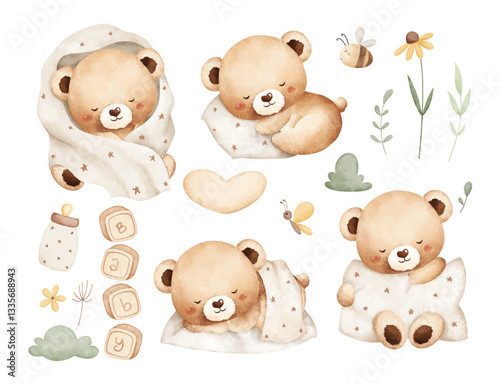 Watercolor Illustration Set of Sleepy Bears and Nature Elements