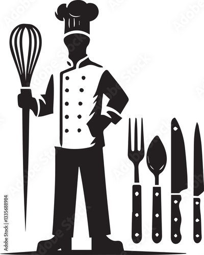 chef and cooking illustration, chef and cooking logo silhouette vector full body