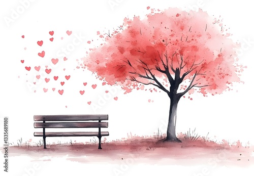 A romantic watercolor painting depicts a park bench beneath a blossoming pink heart-shaped tree with hearts floating gently in the breeze.