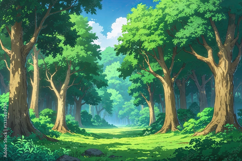 Naklejka premium Vibrant Anime Forest Landscape Banner with Serene Trees and Lush Greenery