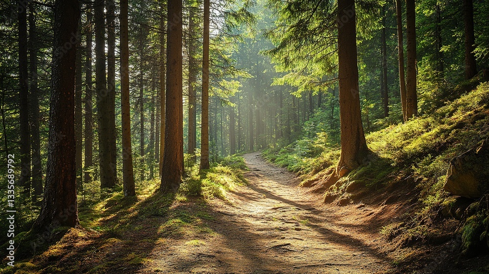 Fototapeta premium Sun-Dappled Forest Trail: A sun-drenched forest scene, with a winding trail beckoning the viewer deeper into the heart of nature's embrace. The image showcases the serenity of a woodland path.