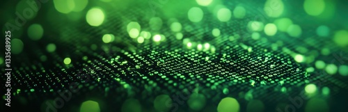 Abstract green digital landscape with glowing binary code and bokeh lights.