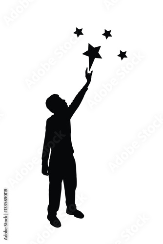 Silhouette of a boy reaching for the stars vector art, symbolizing dreams, ambition, and limitless potential. Perfect for motivational posters, educational materials, book covers, branding.